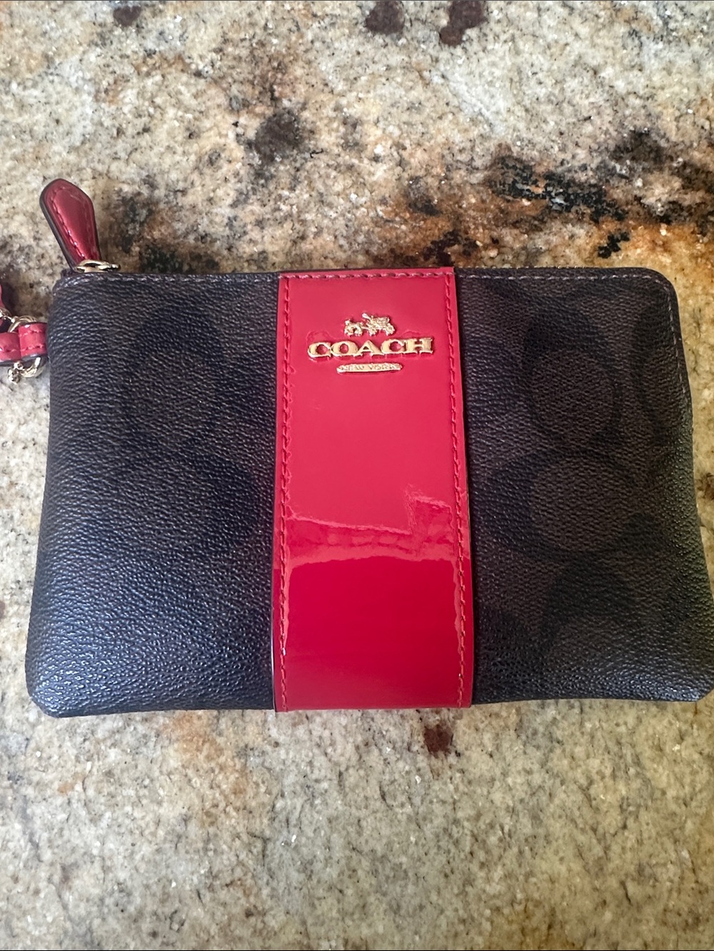 Coach Women’s Black Signature Wristlet with Red Patent Stripe
